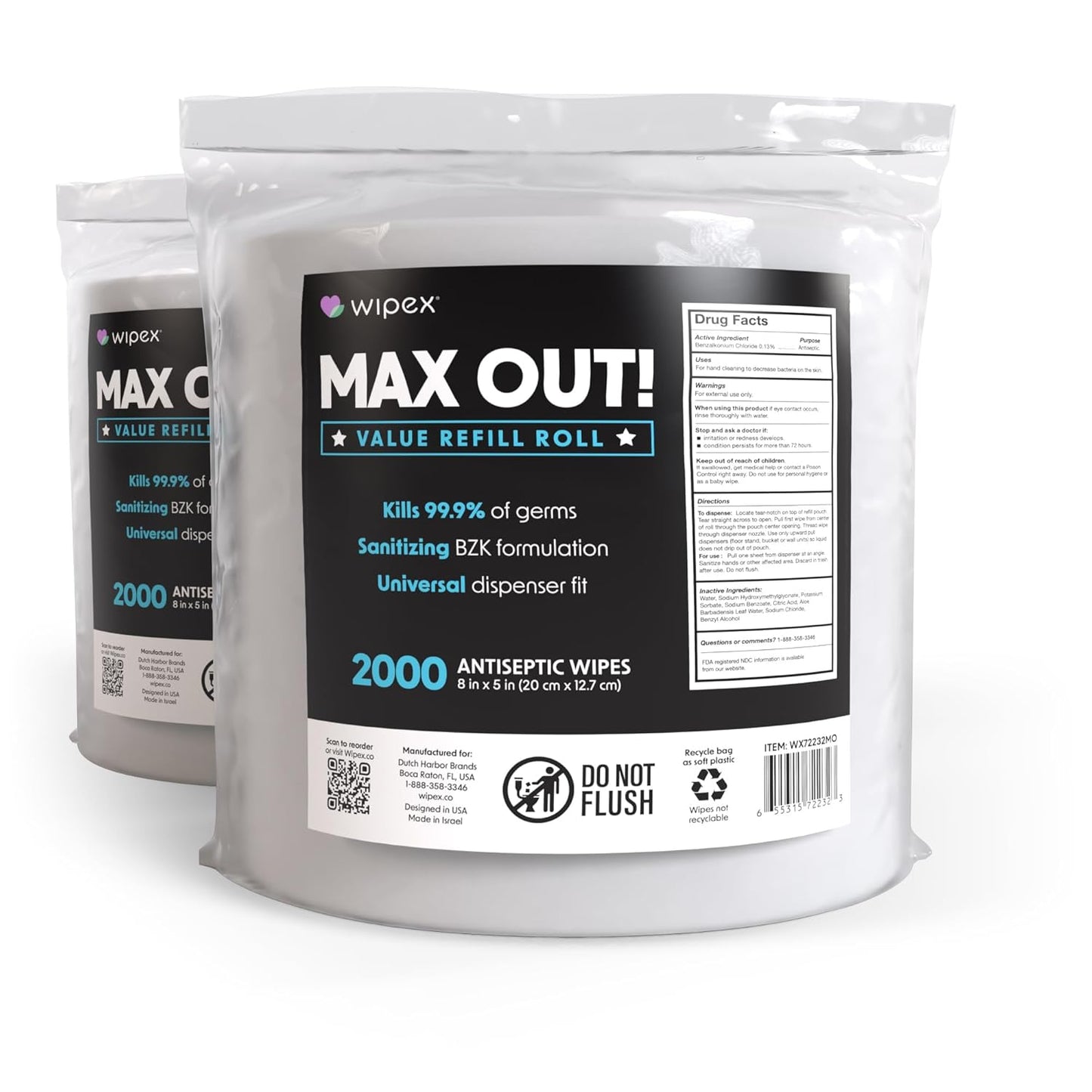 Wipex Max Out Sanitizing Wipes for Fitness Centers - 2000 Wipes Per Roll, Pack of 2, Economy Size Refill Rolls for Dispensers, 5"x8" - Ideal for High Volume Commercial Gyms, Schools & Studios