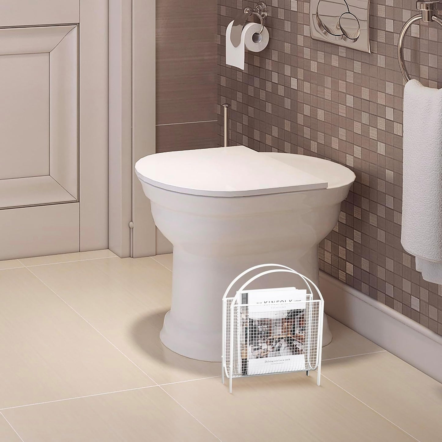 MyGift Mid-Century Design Magazine Rack, Matte Black Tone Metal Mesh Freestanding Magazine Organizer Holder Sling (White)