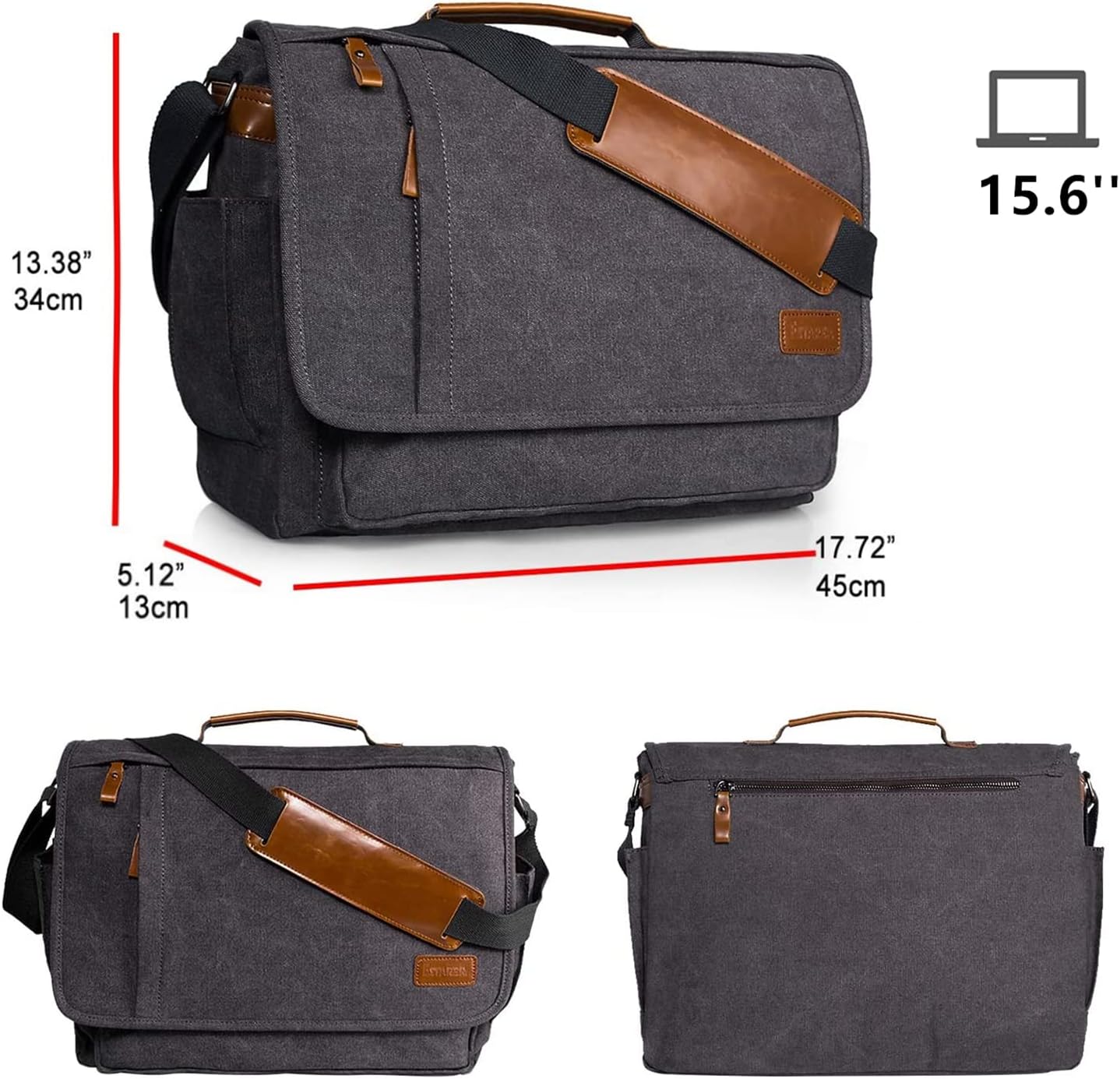 ESTARER Computer Messenger bag Water-resistant Canvas Shoulder Bag 15.6 Inch Laptop for Travel Work, Grey