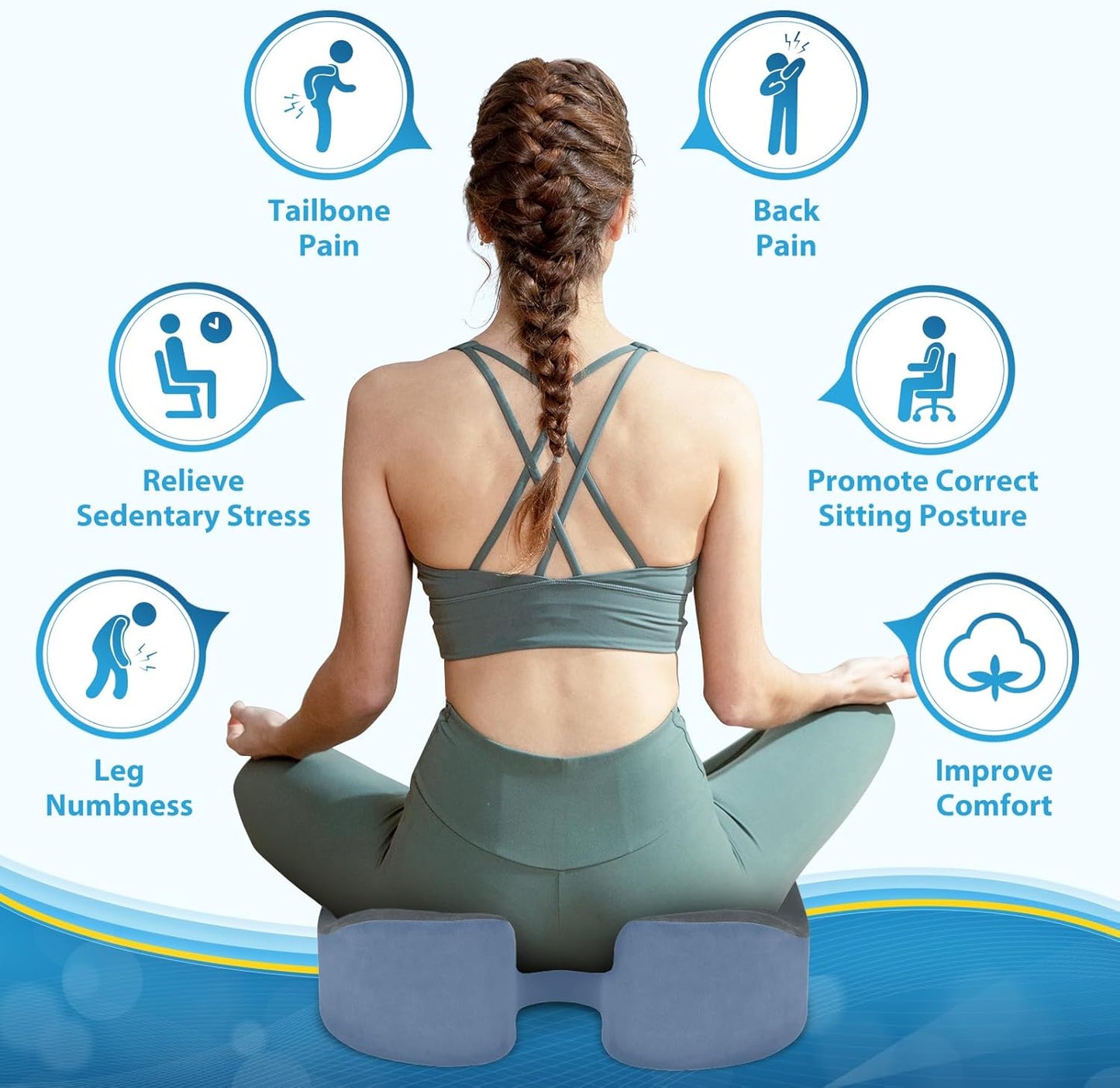 BlissTrends Seat Cushion,Thick Memory Foam Cushions for Office Chair, Car Seat, Airplane, Relieving Pressure Tailbone Sciatica Back Pain for Office Workers, Car Drivers 4.7in Thick Dark Grey&Blue