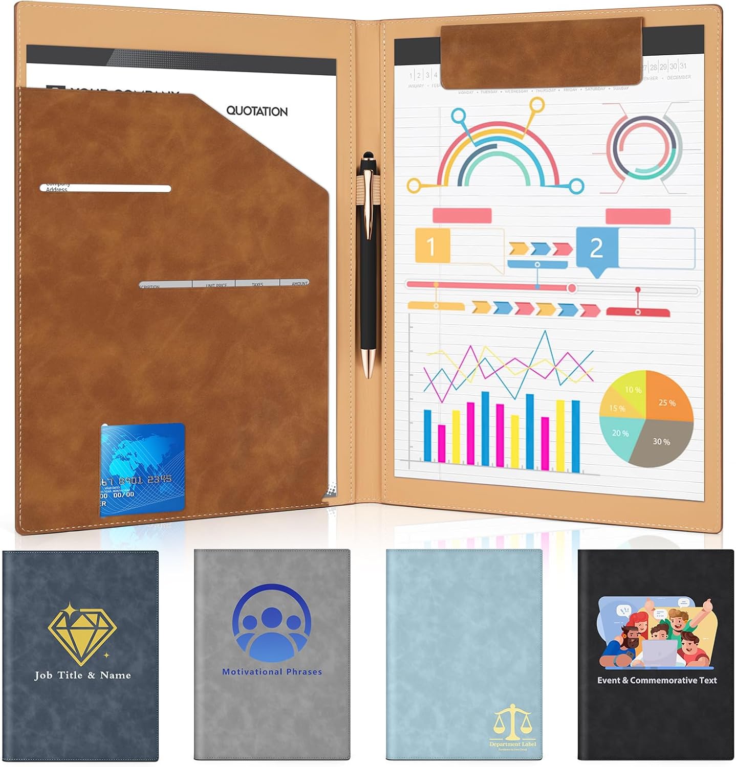 Personalized Padfolio Folder, Leather Custom Portfolio for Men & Women Resumes Office Business, A4 Portfolio Binder for Office College Resumes (Brown)