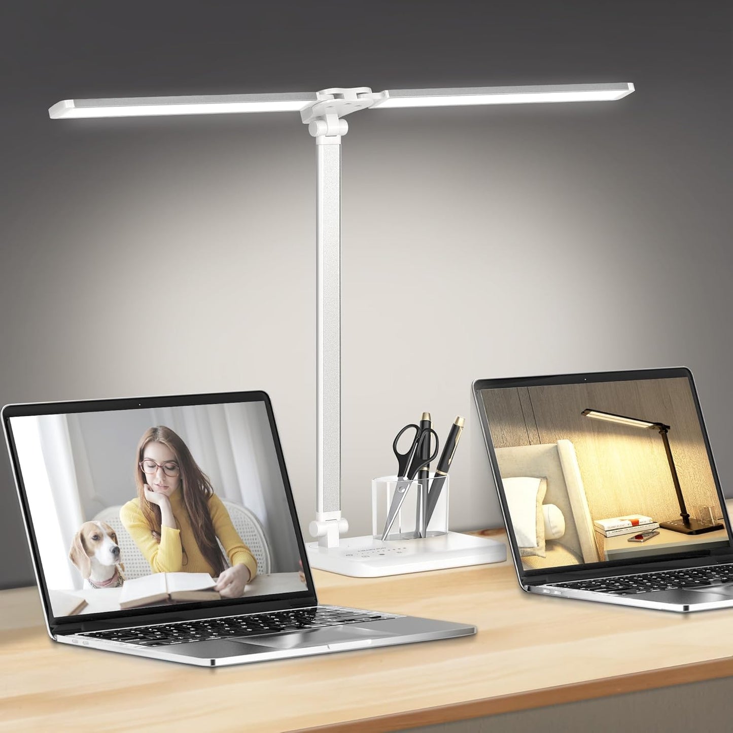 LED Desk Lamp Dimmable Table Lamp with USB Charging Port, 50 Lighting Modes, Adjustable Foldable Dual Swing Arm Architect Desk Lamp for Home Office, Eye-Caring Reading Lamp w/ Pen Holder 45min Timer