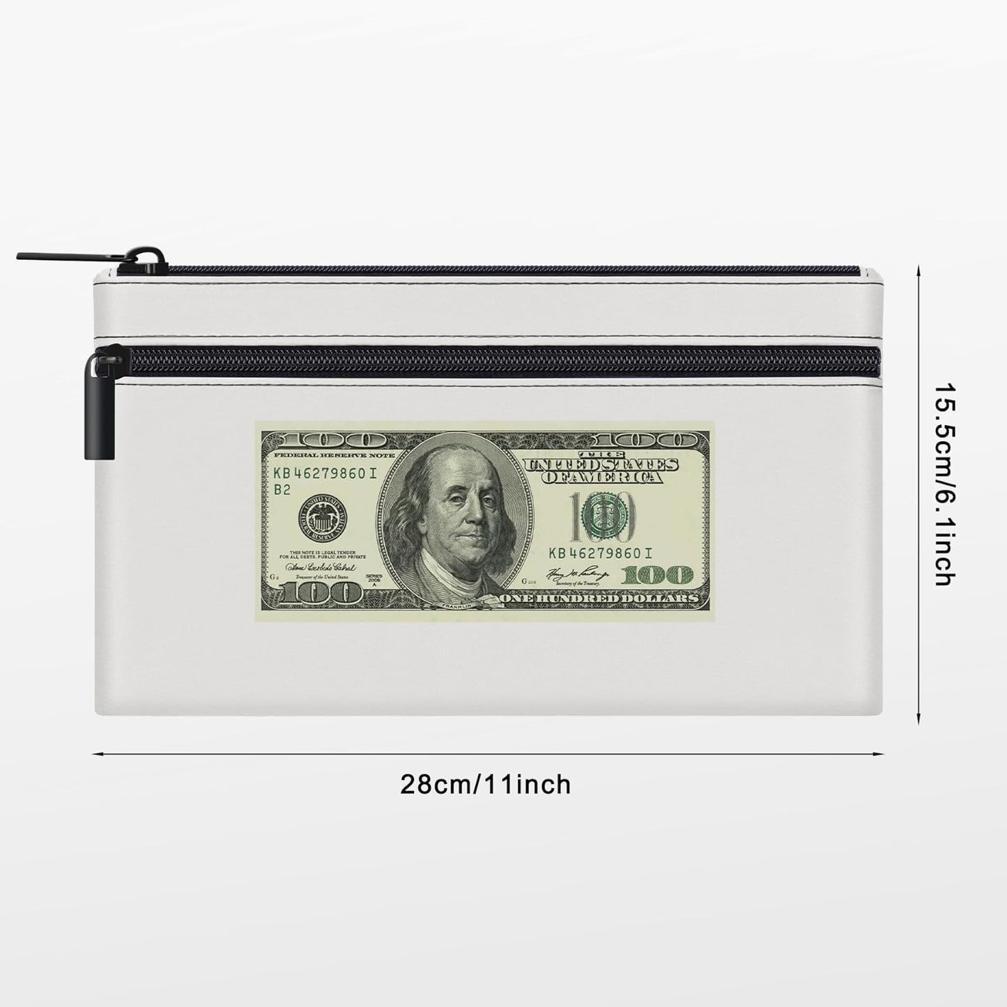 HAUTOCO Money Bag with Zipper 11x6.1 inch Money Pouch with Lined PU Leather Bank Bag Two Pockets Utility Wallet for Cash Check Receipt Coins Cosmetics, White