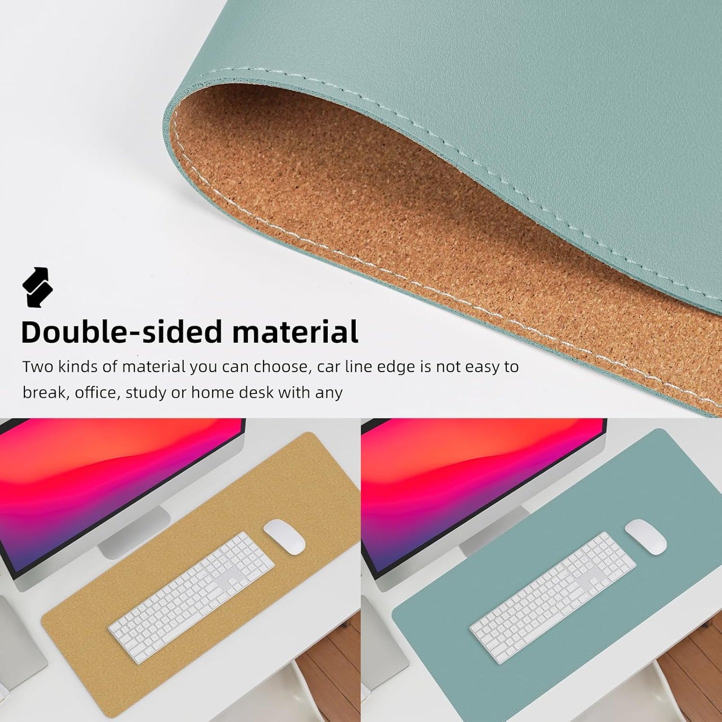 Leather Desk pad Protector,47 * 17in Large Desk mat with Natural Cork & PU Leather,Mouse pad,Non-Slip Office Desk Mat,Waterproof Desk Writing Pad for Office and Home (Light Blue)