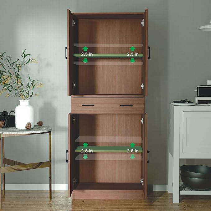 Brown Kitchen Pantry, 71" Tall Storage Cabinet with Doors and Drawer for Kitchen, Hallway, Office