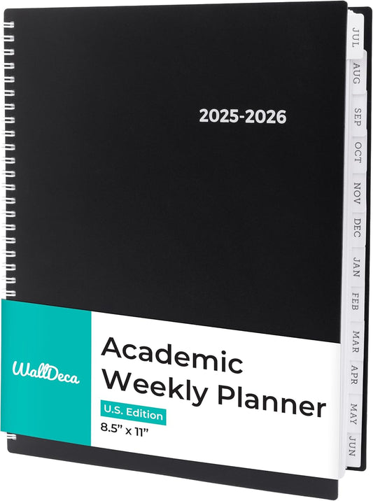 WallDeca Academic Planner 2025-2026, Daily, Weekly & Monthly Planner, July 2025 - June 2026, Student Notes Pages, Twin-Wire Binding Day and Weekly Agenda for School & Work (8.5 x 11-Inches, Black)