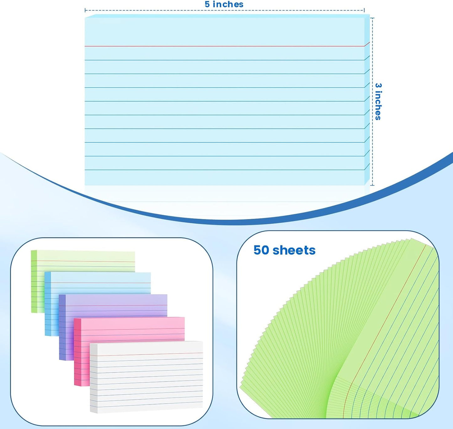 250 Count Colored Index Cards 3x5 Inch 180gsm Heavy Weight Flash Card (50 Sheets Each), Note Taking for Students, Teachers, Professionals, Study Note Cards for Office Home School