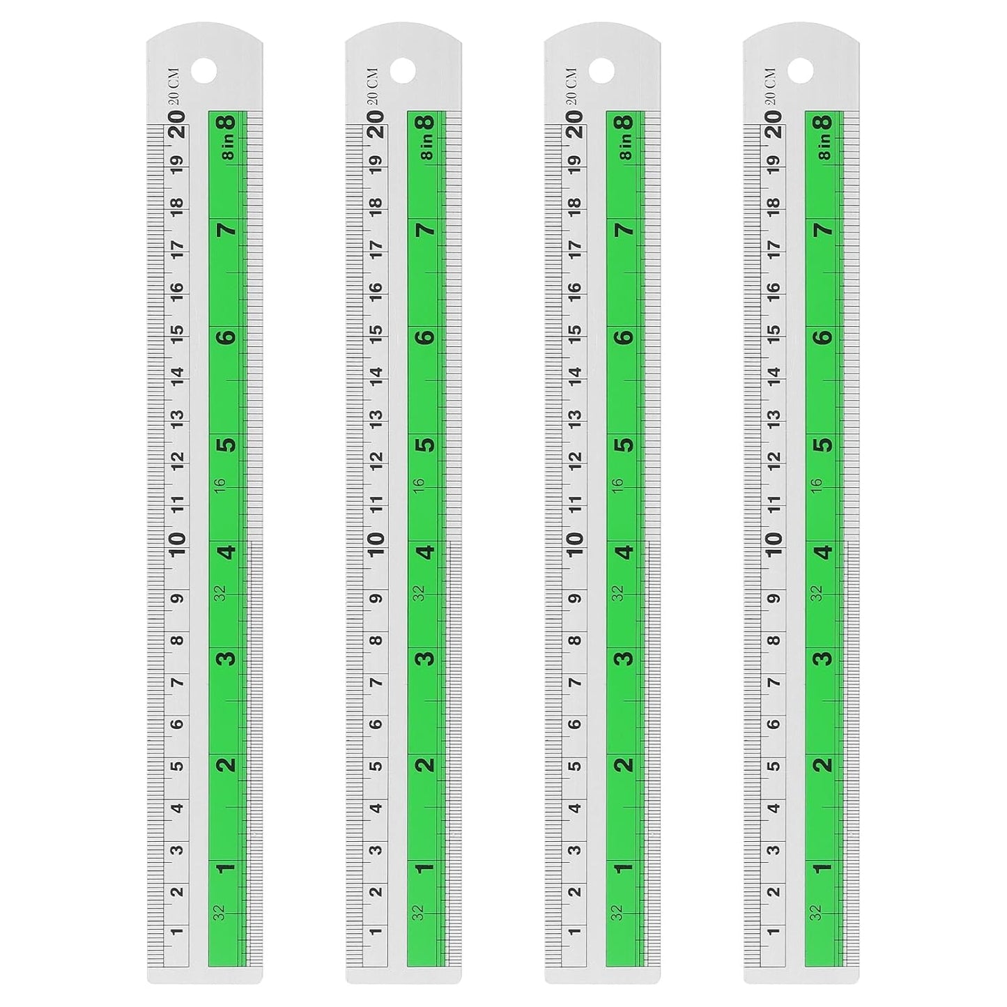 HARFINGTON 4pcs Metal Straight Ruler 20cm Metric SAE Aluminum Alloy Measuring Rulers Scale Tool with Hole for Measure Study Reading Classroom Office, Green