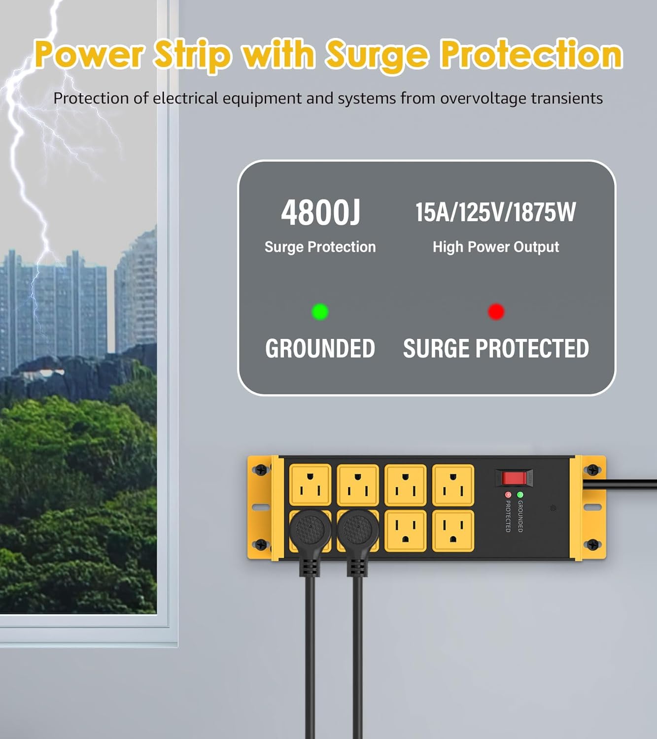 HHSOET 2 Pack Heavy Duty Power Strip 8 Outlets, Metal Wall Mount Outlet Strip 4800J Surge Protector, Garage Shop Under Desk Mountable 10FT Extension Cord Plug.