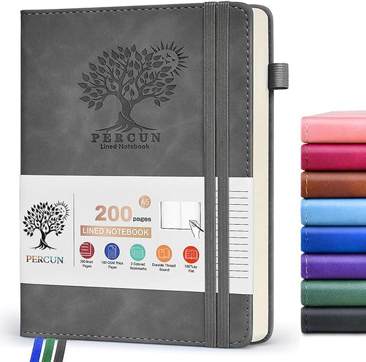 Lined Journal Notebook for Men & Women,200 Pages A5 Hardcover Leather Notebook (5.9"x8.5"), Travel Journal for Work, School, Business Writing, Note Taking, Notepad Diary (Grey)