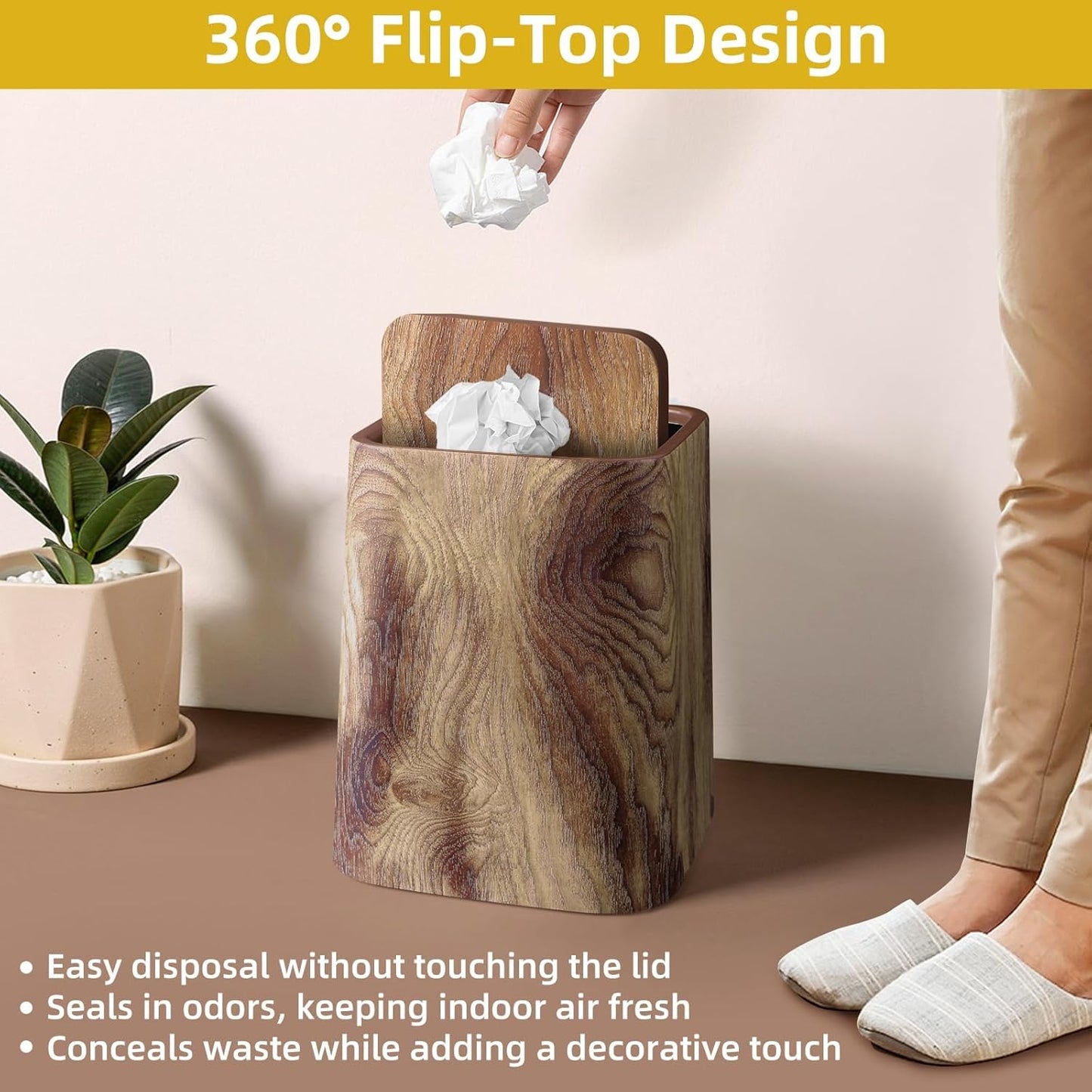 Wood Grain Plastic Trash Can Swing Top Lid, 4Gal/15L Farmhouse Wastebasket Bin Retro Style with Inner Bucket, Bathroom Trash Can Hidden Bag for Room Aesthetic, Square Brown Garbage Can 2pack