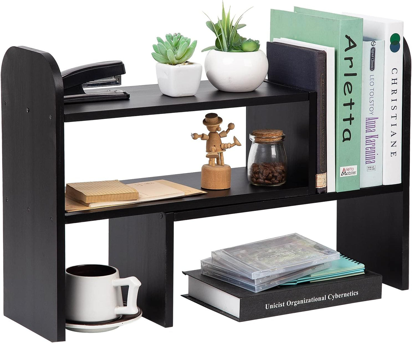 VERGOODR Desktop Adjustable Natural Wood Book Shelf Organizer Office Storage Rack Display Stand Caddy Set Expandable Desk Organizer (Black)