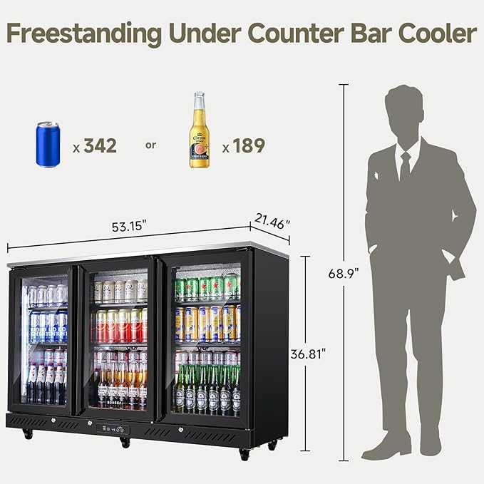 BODEGACOOLER Back Bar Cooler With 3 Glass Doors,Counter Height Beverage Refrigerator,12 Cu.Ft Commercial Display Bar Fridge with LED Lighting,21 inch Beverage Cooler for Beer,Soda Drinks,Wine