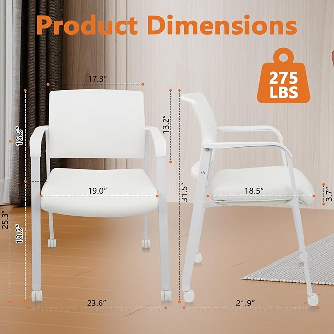 CLATINA Stacking Office Chairs with Wheels | Mesh Back, Thicken Leather Seat and Streamline Armrests, Ergonomic Lumber Support | School, Desk, Guest Reception, Waiting, Conference, White
