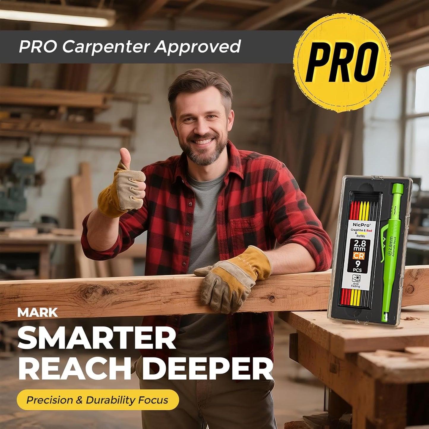 Nicpro CP3000 Carpenter Pencil with Sharpener, 2.8 mm Mechanical Pencils with 19 Refills, Deep Hole Marker for Construction, Heavy Duty Woodworking Pencil, Carpenter Tools for Architect Marking(Green)