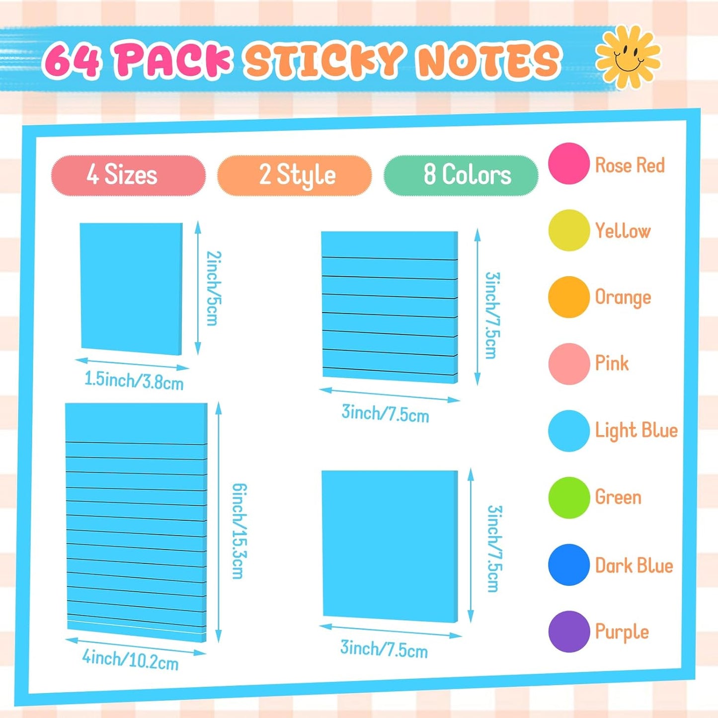 Leinuosen 64 Pack Lined Sticky Notes Self Stick Notes with Lines Bright Assorted Colors Sticky Pad for Home Office Products Post Memos, 2560 Sheets