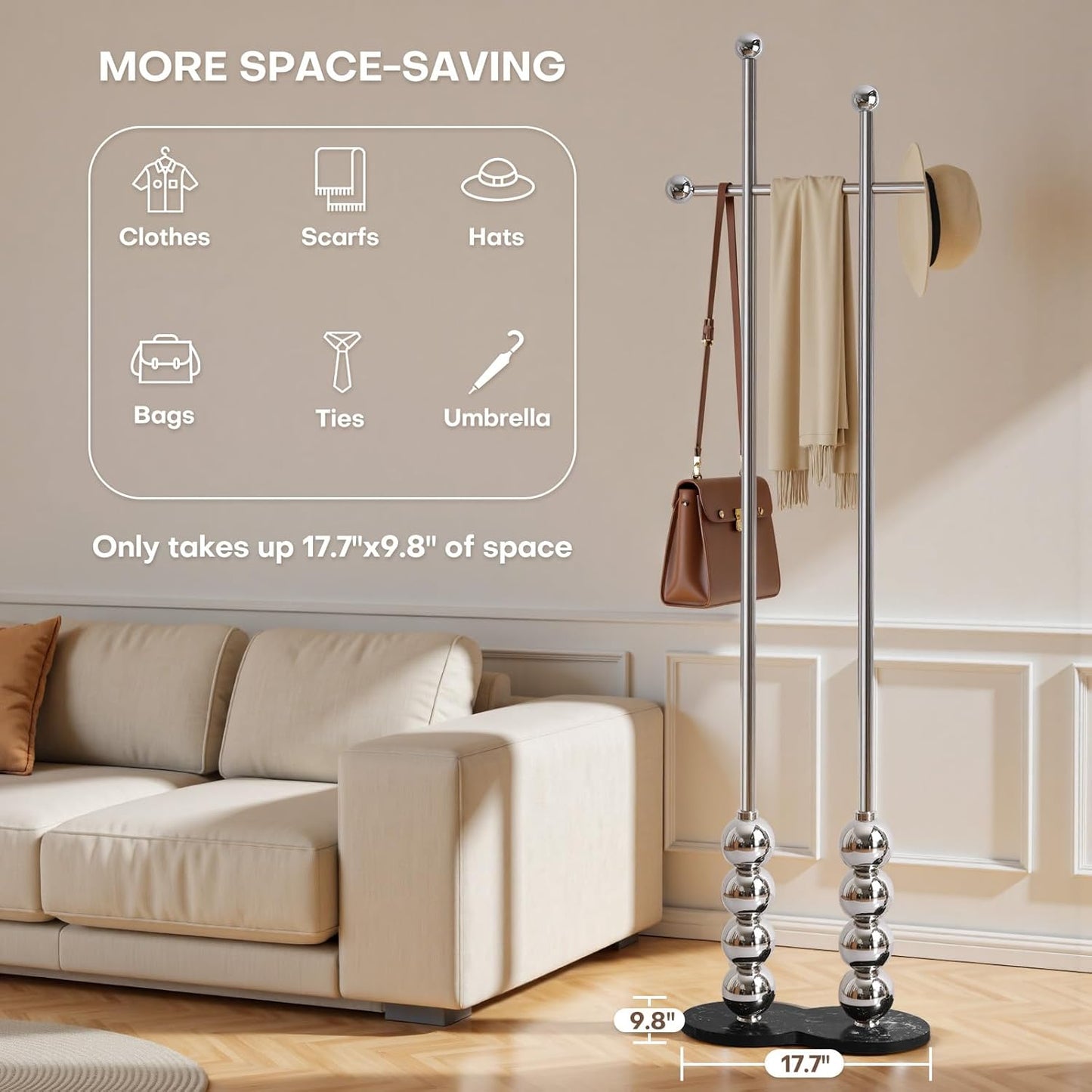 Metal Freestanding Coat Rack with Stainless Steel Double Rods & Marble Base, Hanging Clothes Rack for Entryway, Hallway, Bedroom, Living Room, Sliver