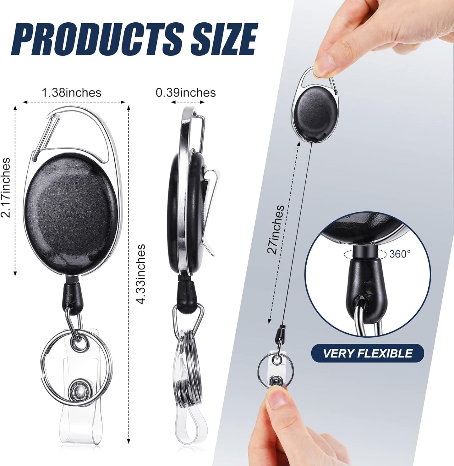 Maitys 100 Pack Retractable Badge Reels Bulk Heavy Duty Badge Reel Holders with Carabiner Belt Clip and Keychain for Lanyard Card Nurse School Office Employee (Clear Black)