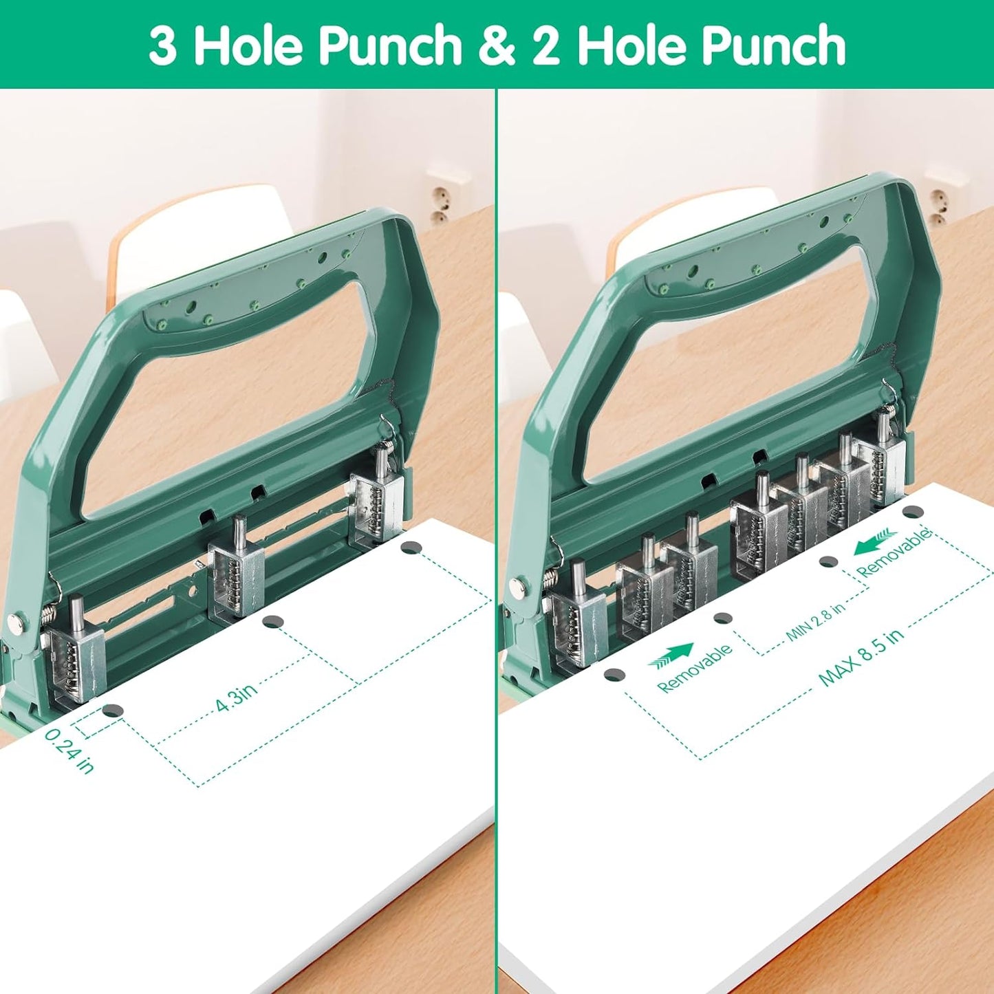 AFMAT Heavy Duty 3 Hole Punch, 50-Sheet, 50% Reduced Effort, Adjustable Two & Three Hole Punch, Metal Paper Puncher w/Large Chip Tray, Metal Paper Guide, Green