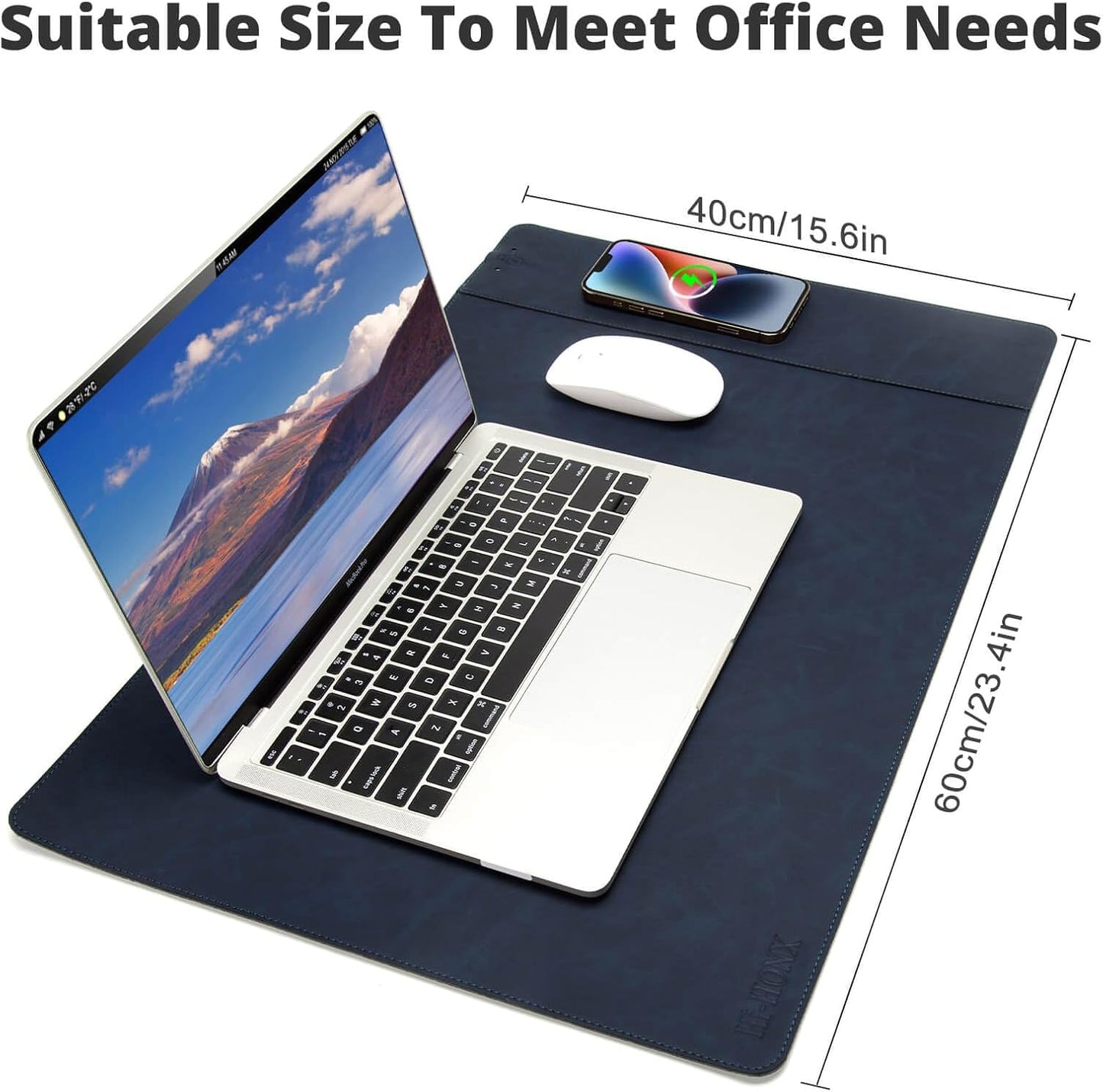 Magnetic Wireless Charging Desk Mat, 23.4"x15.6" Large Office Mouse Pad, Microfiber Leather Mouse Mat with Ultra-Smooth Surface, Waterproof Computer Keyboard Desk Mat for Office & Home, Laptop, Blue