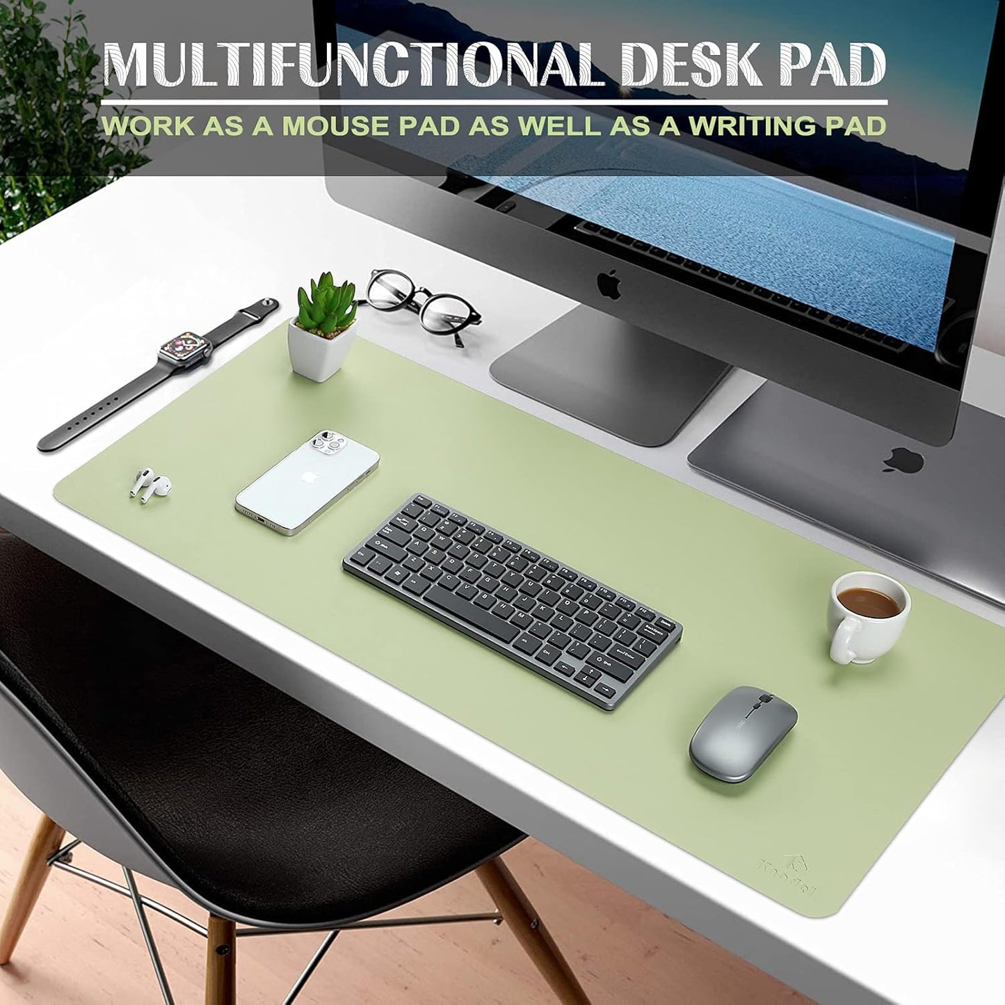 K KNODEL Large Office Leather Desk Mat, Mouse and Keyboard Pad, Computer and Laptop Mat, Desktop Protector and Cover, Writing Pad and Blotter (35.4"x17", Light Green)