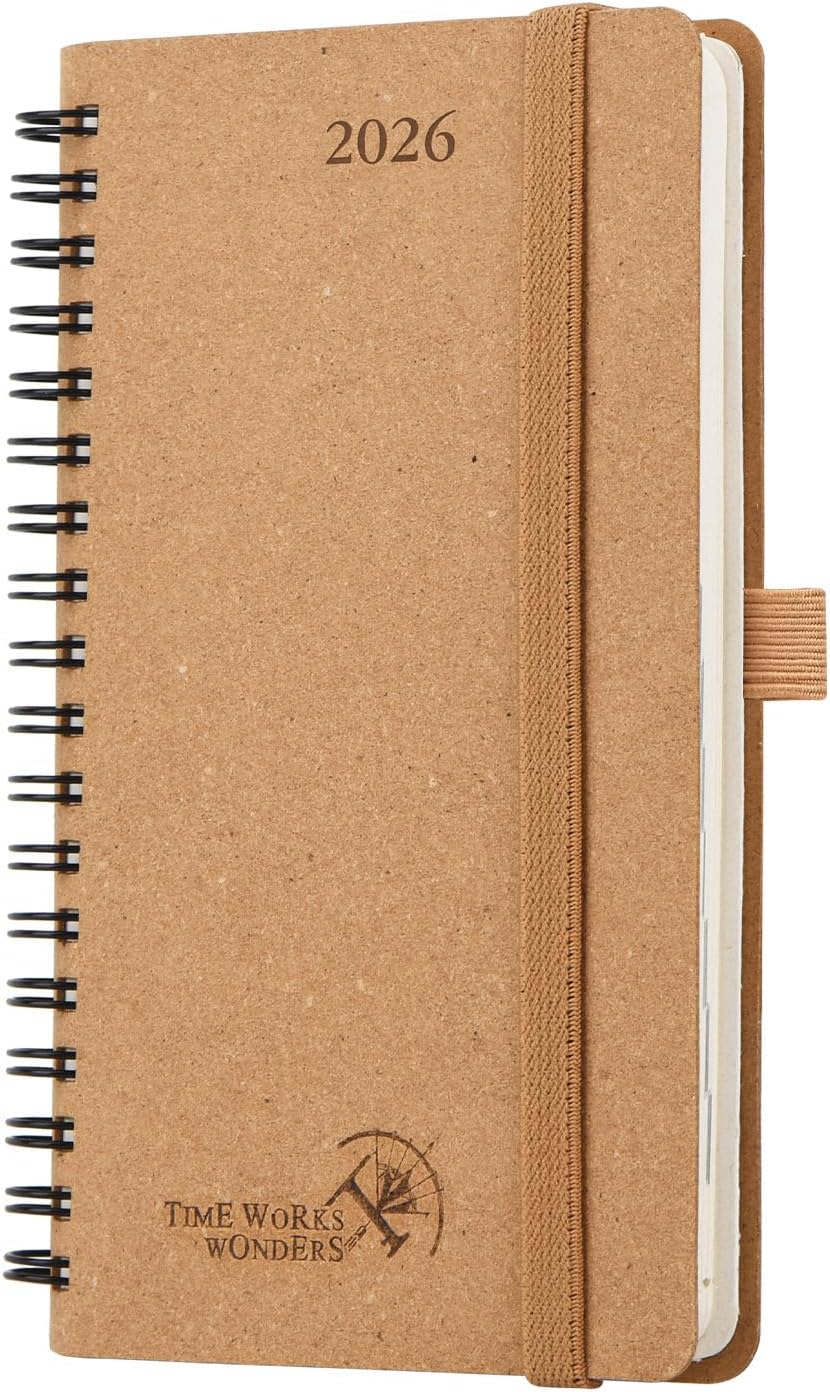 POPRUN 2026 Recycled Weekly Planner 12 Months Pocket Size (3.5'' x 6.5'') - Spiral Calendar Weekly and Monthly for Purse, with Italian Regenrated Leather, Pen Holder - Desert Brown