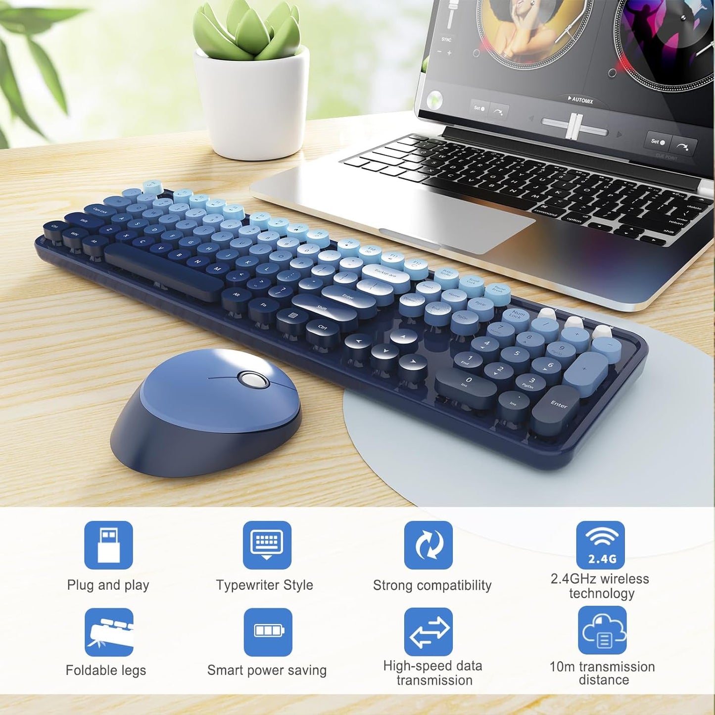 Wireless Keyboard and Mouse Combo, Ergonomic Full Size Typewriter Retro Round Keycaps Keyboard, Compatible with Windows, PC, Perfer for Home and Office Keyboards (Twilight Blue