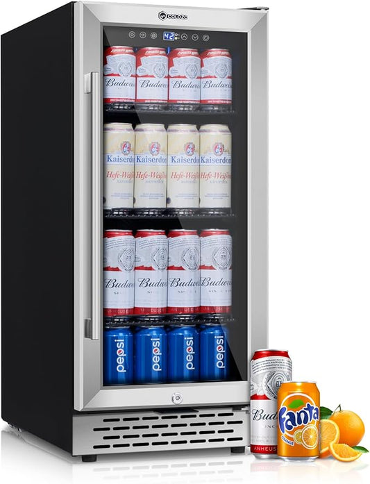 15 Inch Beverage Refrigerator Under Counter, 130 Cans Beverage Fridge with Tempered Glass Door & Lock, 37-65°F Beverage Cooler For Home/Bar, Built-in/Freestanding Mini Drink Cooler(3.53 cu.ft)