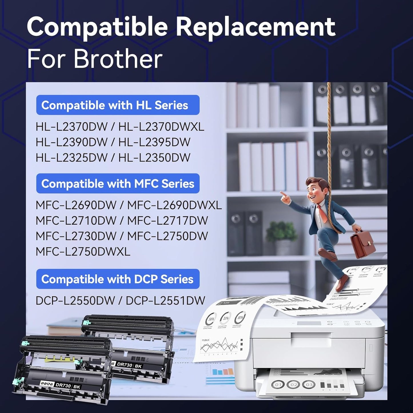 Compatible DR730 Drum Unit Replacement for Brother DR-730 TN760 Toner Compatible with MFC-L2710DW MFC-L2750DW HL-L2395DW HL-L2370DW HL-L2350DW HL-L2390DW DCP-L2550DW Printer (2 Pack, NOT Toner)