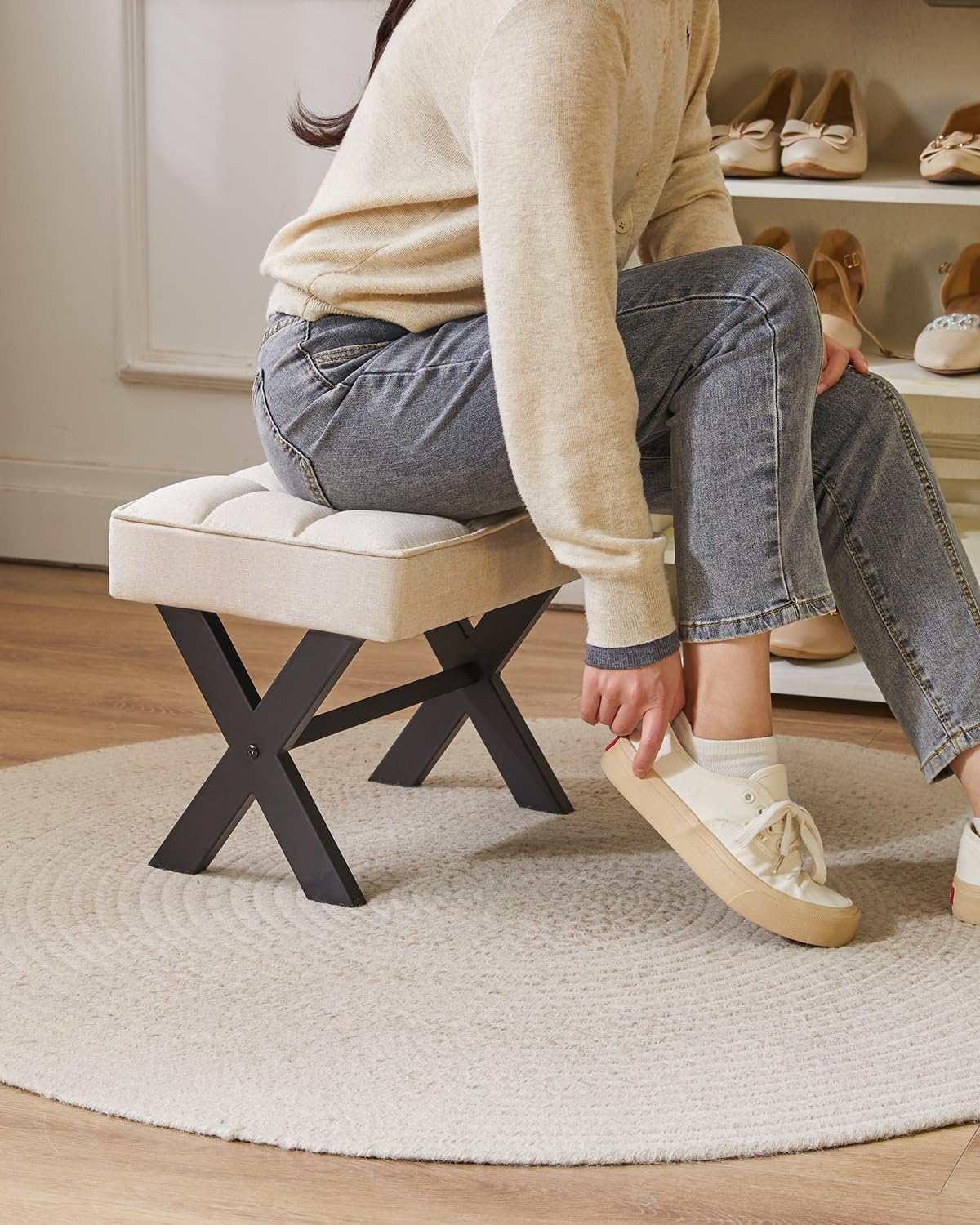 IBUYKE Small 12" H Footrest Stool, Square Linen Foot Stool with Metal X-Leg, Multi-Use as Small Side Table, Step Stool for Living Room, Bedroom, Entryway, Office, Linen WBD011Y