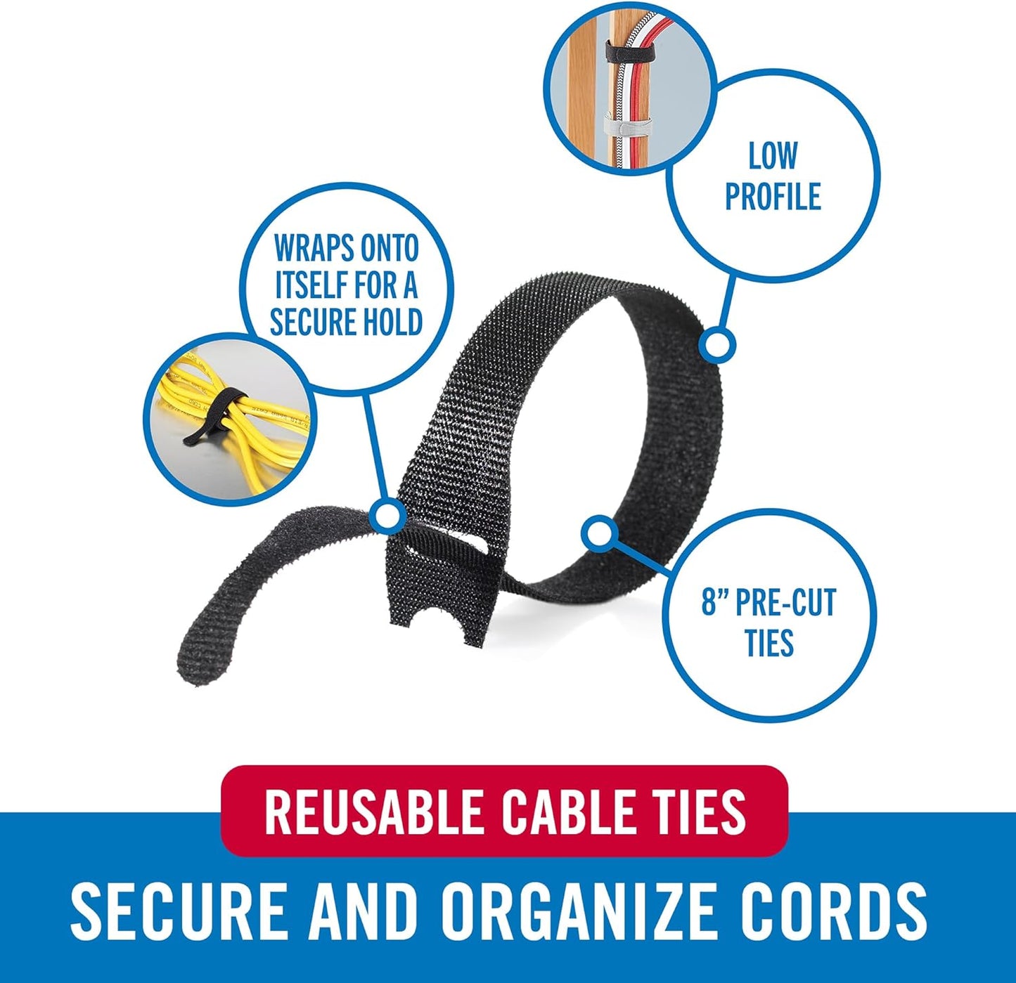 VELCRO Brand Cable Ties, 100Pk - 8 x 1/2" Red and Black, Reusable Alternative to Zip Ties, ONE-WRAP Thin Pre-Cut Cord Organization Straps, Wire Management for Office or Home, VEL-30200-AMS, Black/Red