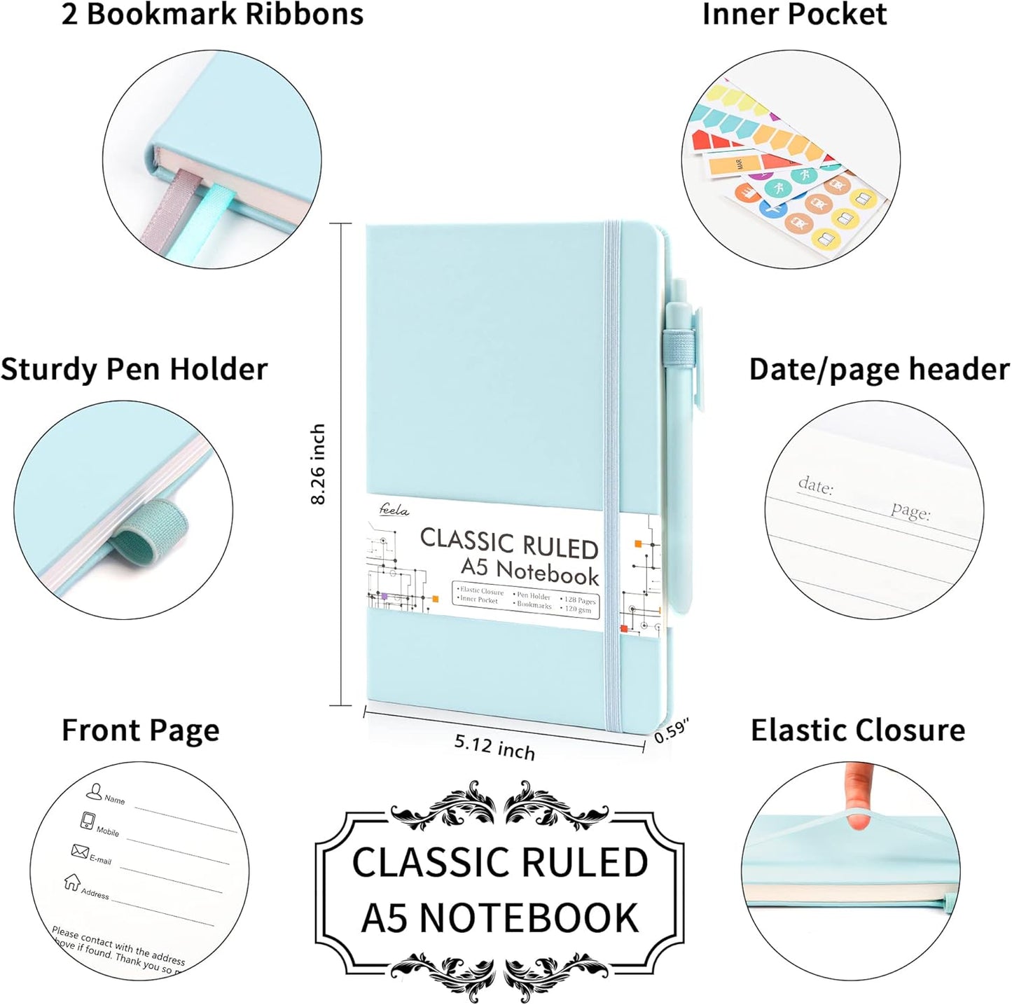 feela 12 Pack Notebooks Journals Bulk, Hardcover Notebook Classic Ruled Lined Journals with Pen Holder for Women Girls School Business Supplies, with 12 Black Pens, 120 GSM, 5.1”x8.3”, A5, Sky Blue