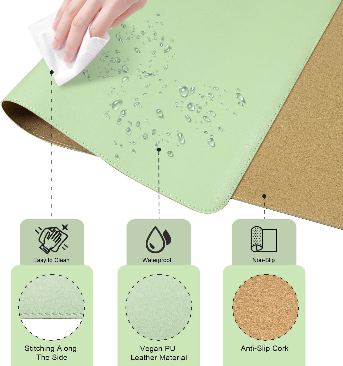 BLESWIN Large Desk Pad Mat 47.2"" x 17"", Office Desk Mat, Non-Slip PU Leather & Cork Desk Blotter for Keyboard and Mouse, Large Desk Mat, Large Mouse Pad for Office & Home(Light Green)