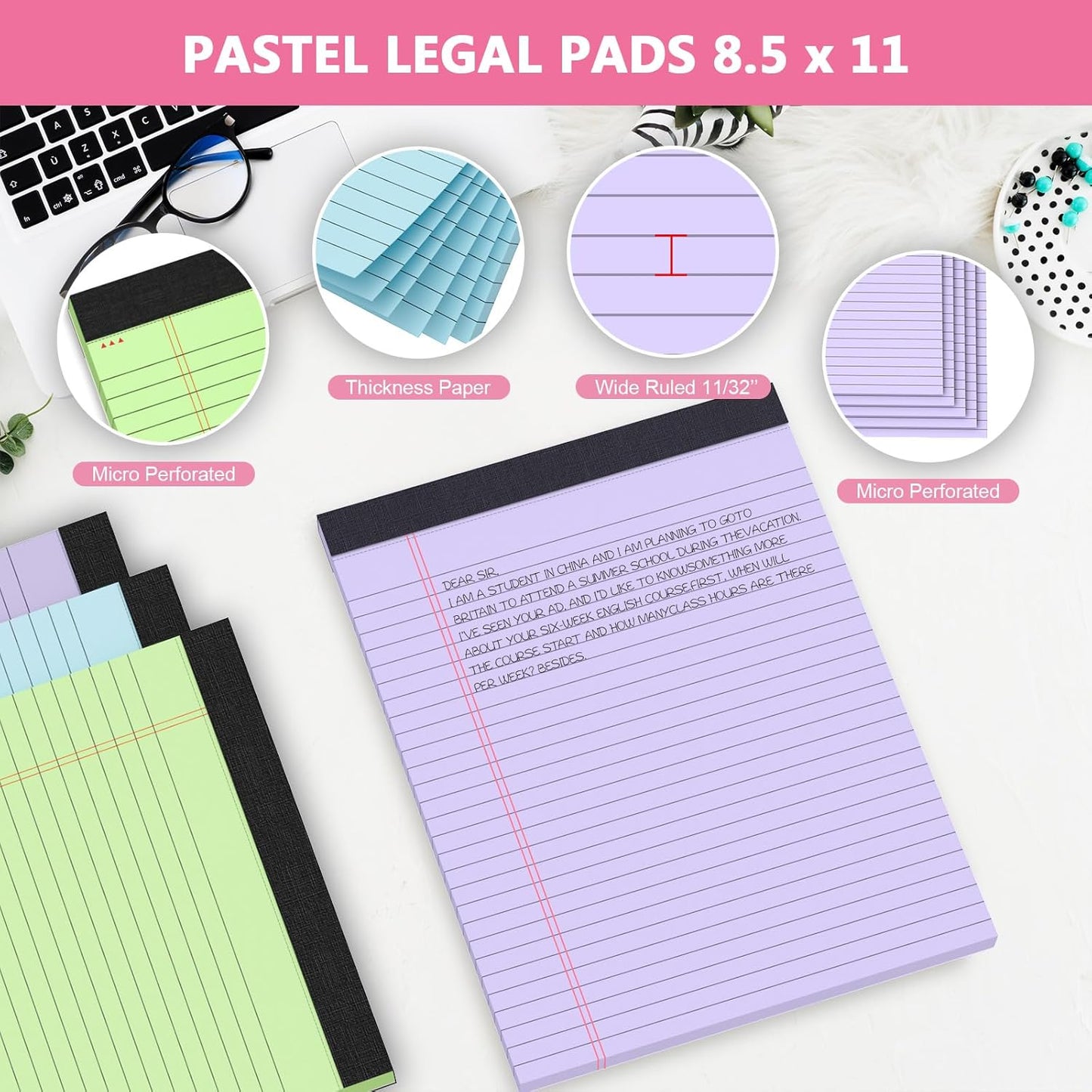 Legal Pads 8.5 x 11, Colored Note Pads 8.5 x 11, Wide Ruled Paper, 3 Pack Notepads 8.5 x 11, to Do List Notepad, Perforated Lined Paper, 30 Sheets/Pad, Multicolor Writing Pad for School, Home, Office