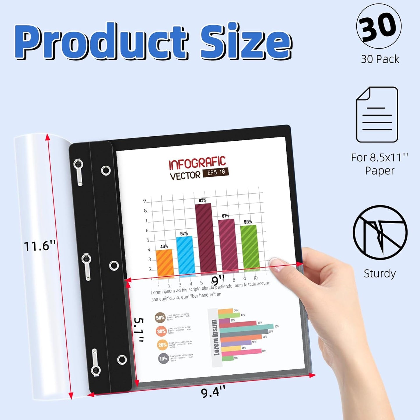 HAUTOCO 30 Pack Plastic Report Covers with 3-Prong Fasteners Clear Front Presentation Folders Resume Folders for 8.5x11 Letter Size Paper, Document Report Cover for School Office Business, Black