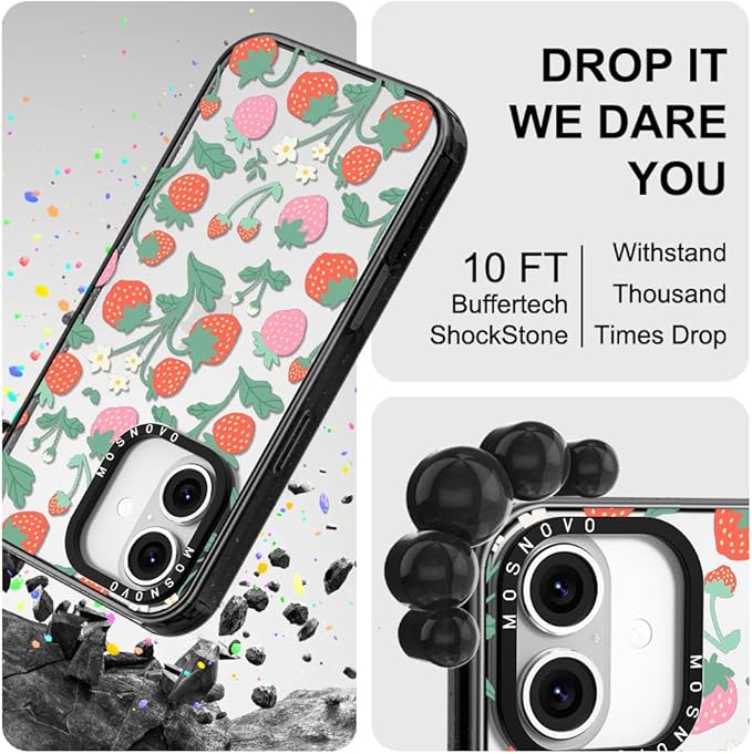 MOSNOVO Case for iPhone 16 Plus, [10ft 4X Military-Grade Drop Protection] Durable & Shockproof Phone Case Cover Design for iPhone 16 Plus - Strawberry Garden - Clear Black