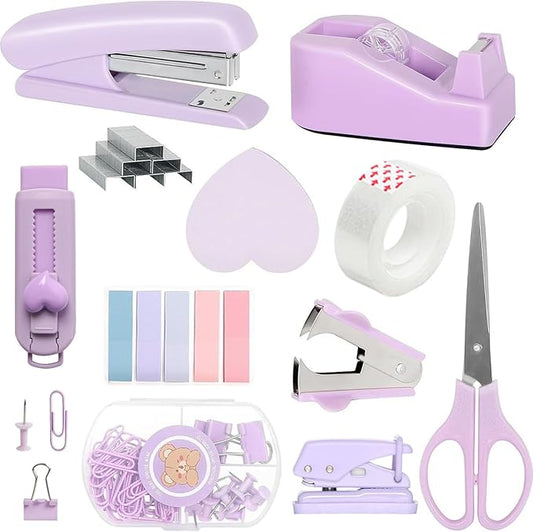 11pcs Desk Supplies Office Accessories for Women Clerks, Desk Accessories Colleagues, Purple Office Supplies with Stapler, Tape Holder, Scissors, Ruler, Staple Remover, Clips Set for School & Home
