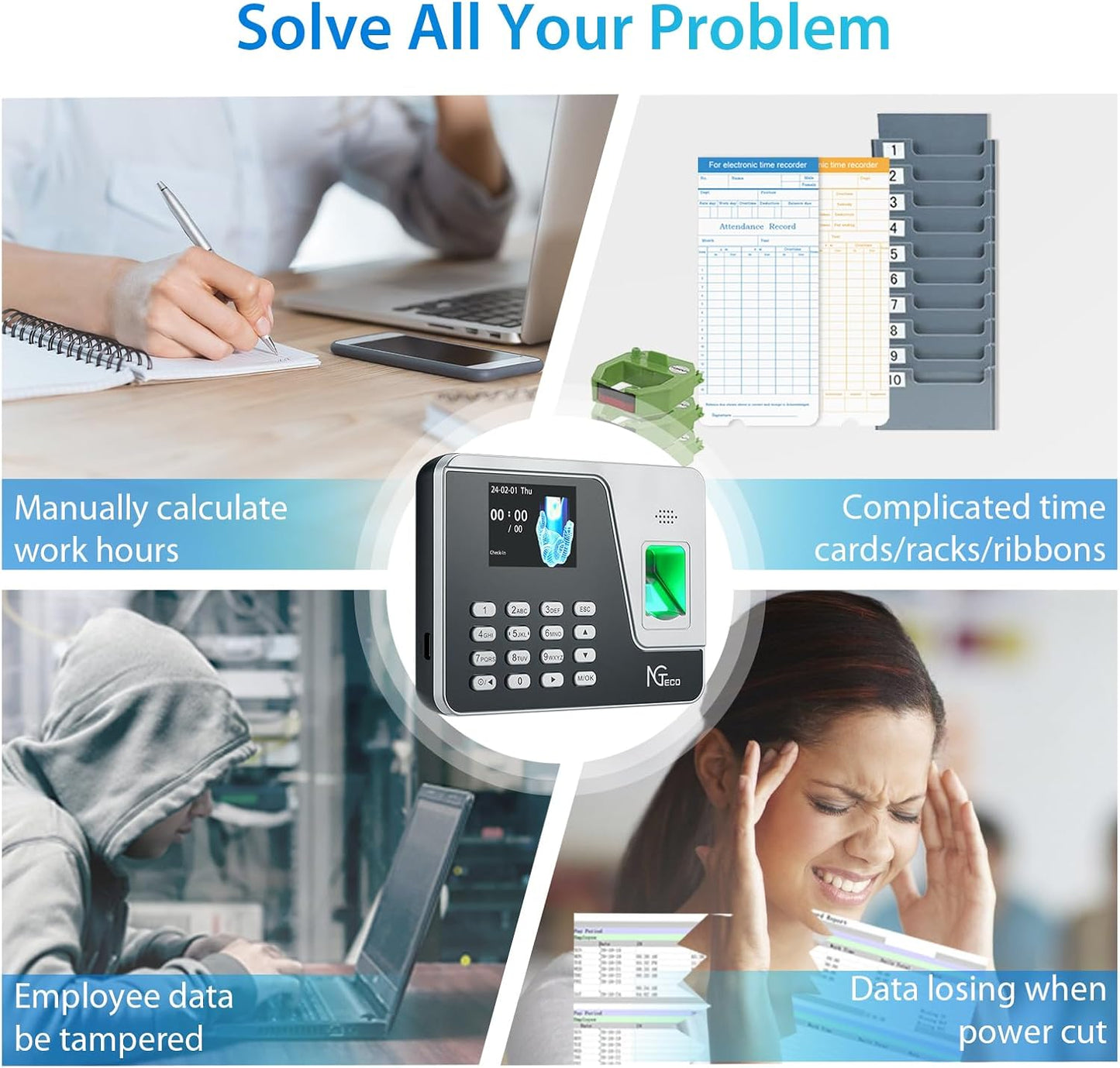 NGTeco Standalone Time Clock, Fingerprint & PIN Time Clocks for Employees Small Business Without WiFi & Software, Clock in and Out Machine for Employees, No Monthly Fee