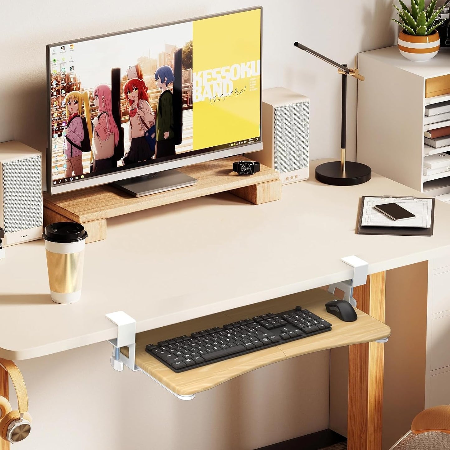 suptek Keyboard Tray Under Desk Pull Out with C Clamp Mount, Computer Keyboard & Mouse Tray, 25.6 (30 Including Clamps) x 11.8 inch Slide-Out Platform Computer Drawer for Typing, Light Wood, DSF1QM