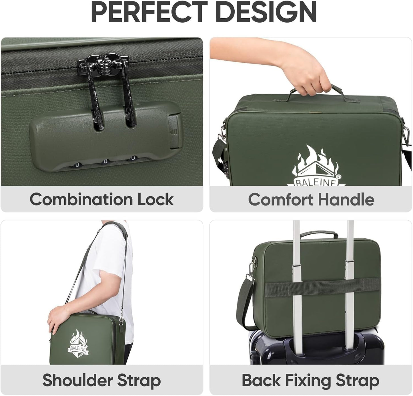 BALEINE Fireproof Document Box with Lock, Portable Fireproof Document Bag Waterproof Fire Proof File Boxes for Documents, File Organizer Box for Important Paperwork (Green, 15''x11''x4'')