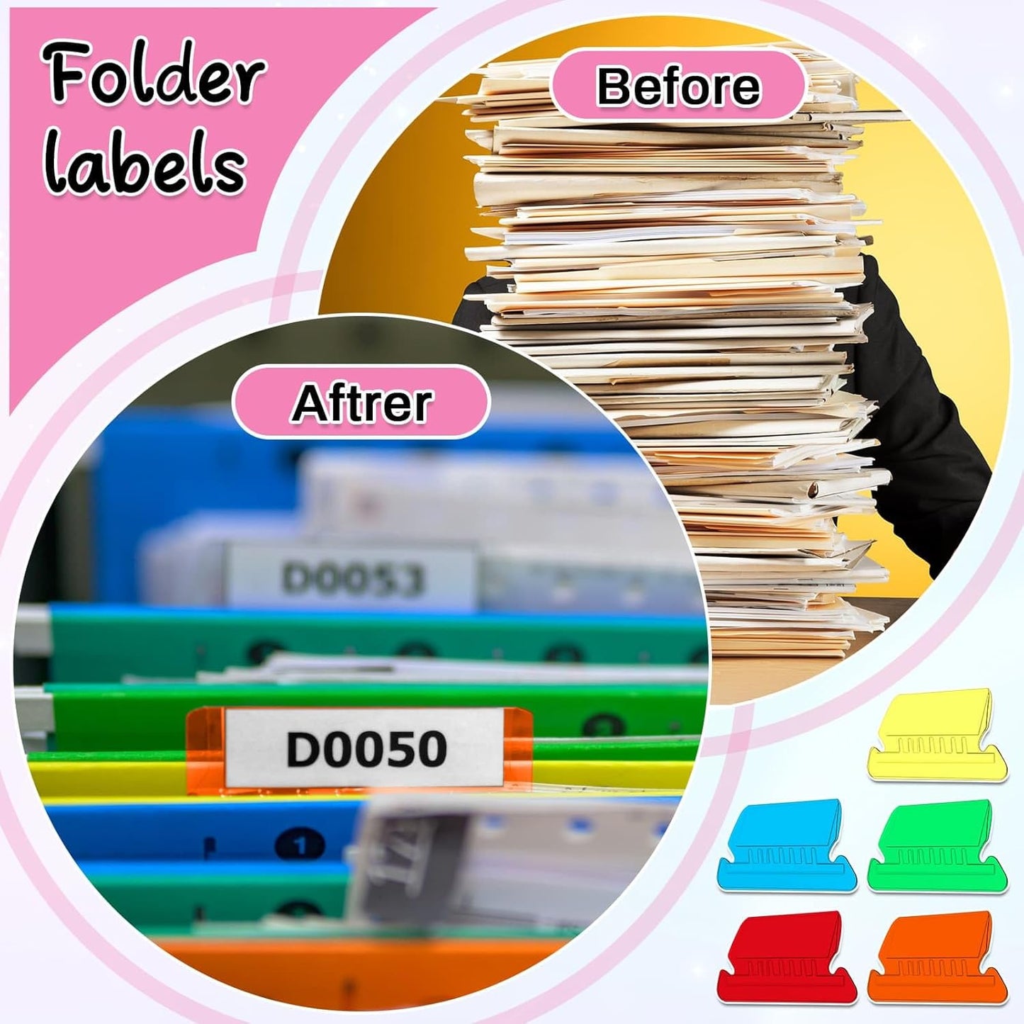 File Folder Tabs, Selizo 100 Sets Hanging File Folder Labels 2" Tabs and Inserts for Hanging Files (Multicolor)