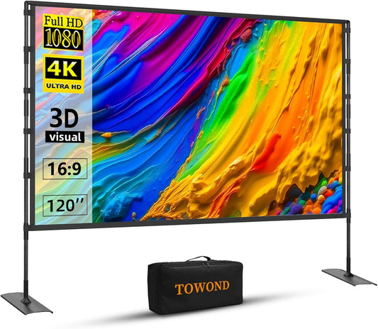 TOWOND Projector Screen and Stand, 120 inch Outdoor Projector Screen Indoor, Portable Movie Screen 16:9 4K Front Rear Projection Screen with Carry Bag Wrinkle-Free Design for Home Backyard Theater