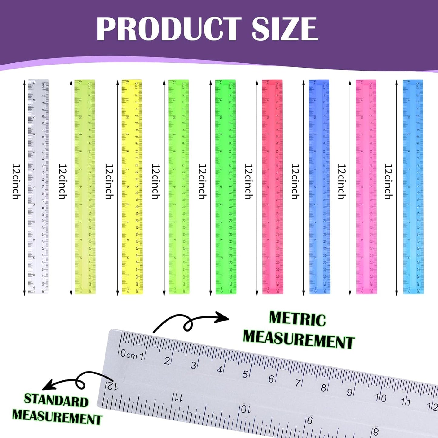 630 Pcs 12 Inch Plastic Rulers Bulk Color Clear Ruler Assorted Color Metric Straight Ruler with Inches and Centimeters for Kids School Classroom Student Back to School Office Gifts Supplies 9 Colors