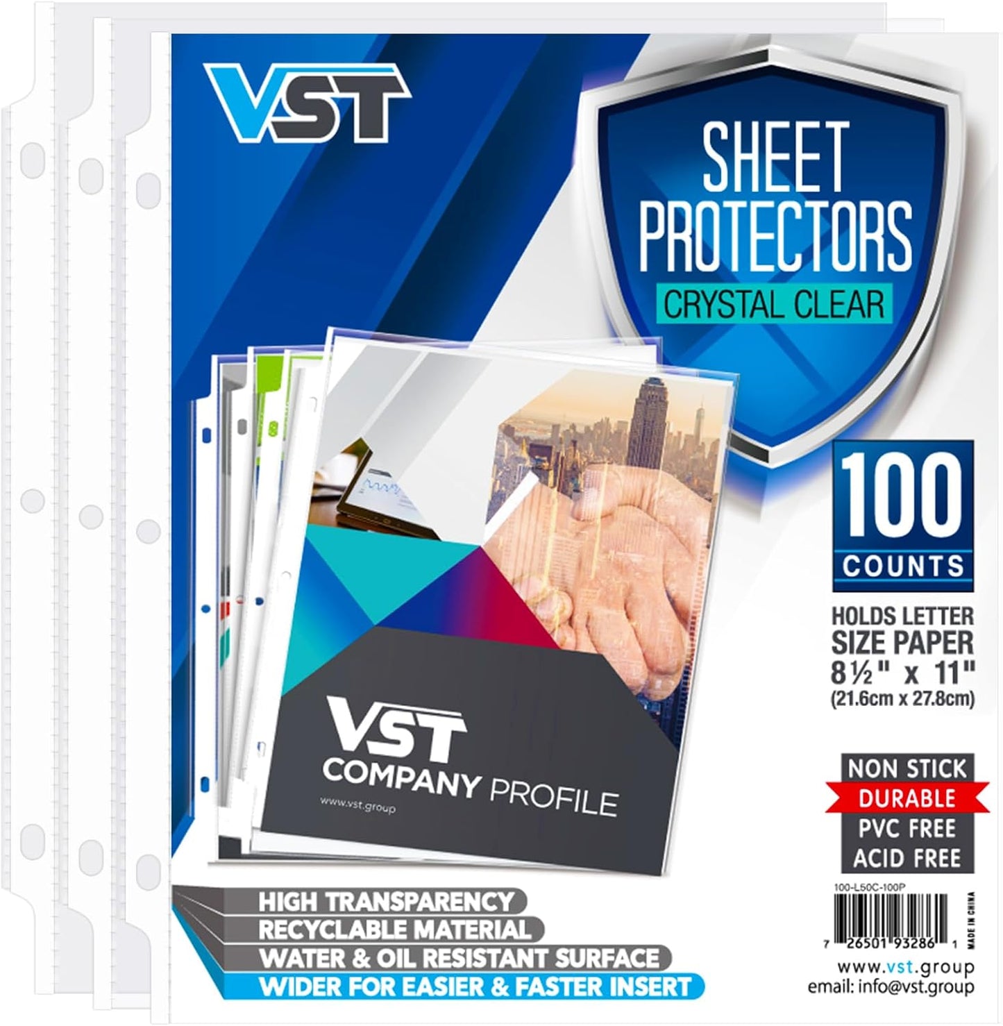 VST Sheet Protectors 8.5 x 11 Inch for 3 Ring Binder, Crystal Clear Page Protectors, Medium Weight Plastic Sleeves, Top Loading Paper Protector Acid Free, Letter Size, Dry Erase Pocket, 100 Sheets