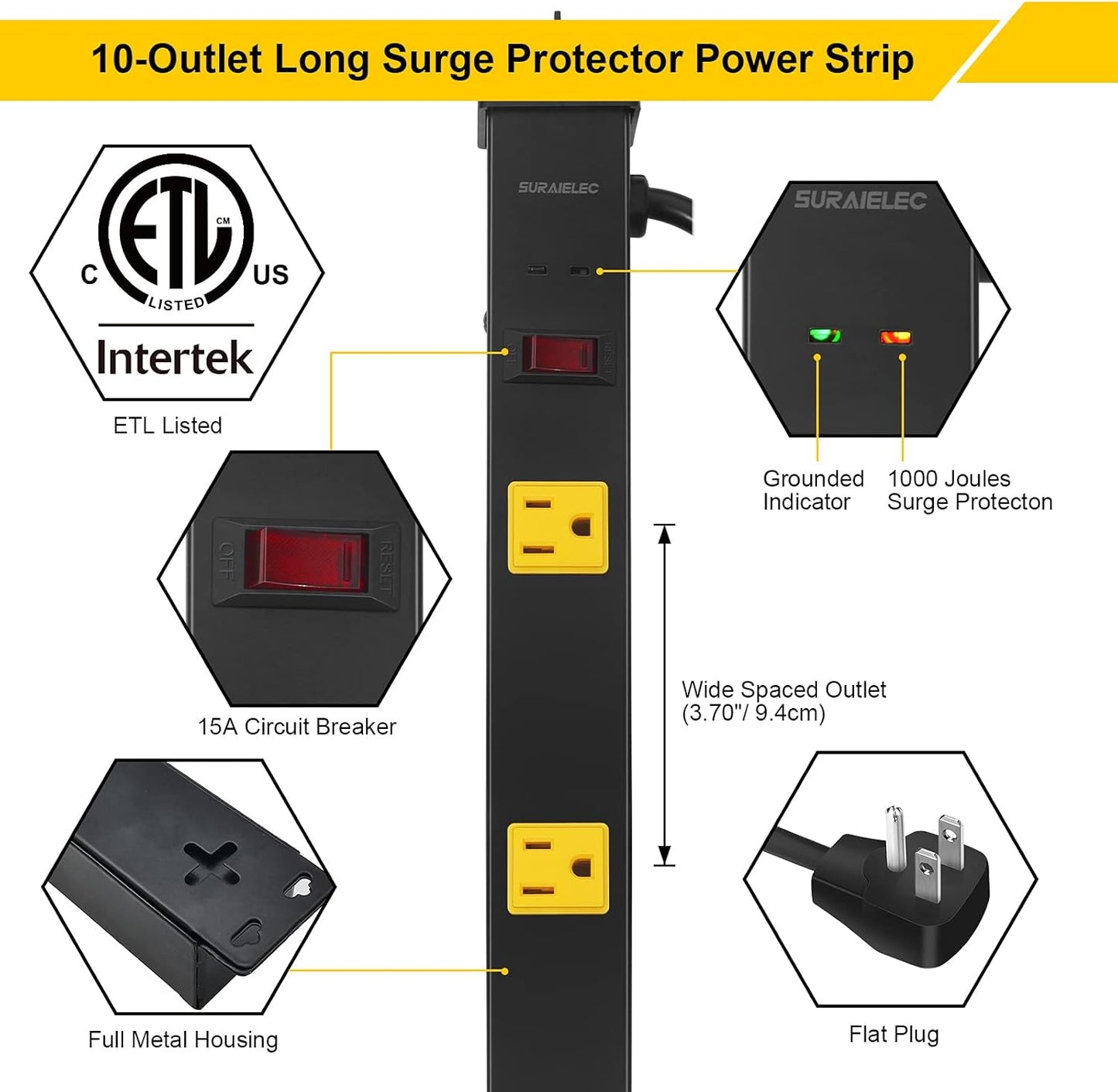 SURAIELEC 10 Outlet Long Power Strip Surge Protector, Industrial Heavy Duty Metal Shop Power Strip with Flat Plug, 1000 Joules, 15 AMP Breaker, 6FT Cord, Wall Mountable, for Work Bench, Shop, Garage