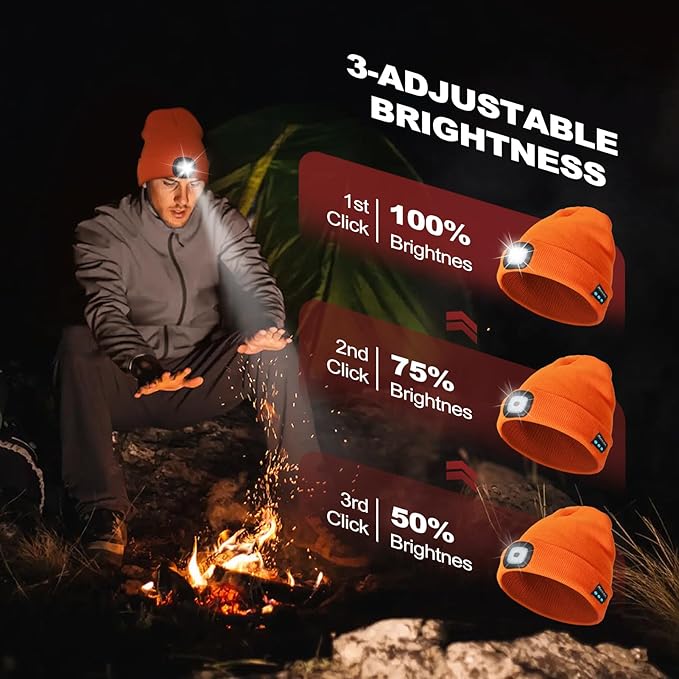 Gifts for Men, Rechargeable Bluetooth Music Unisex Beanie Hat with Light, Stocking Stuffers for Women, Birthday Gifts for Men, for Him, Orange