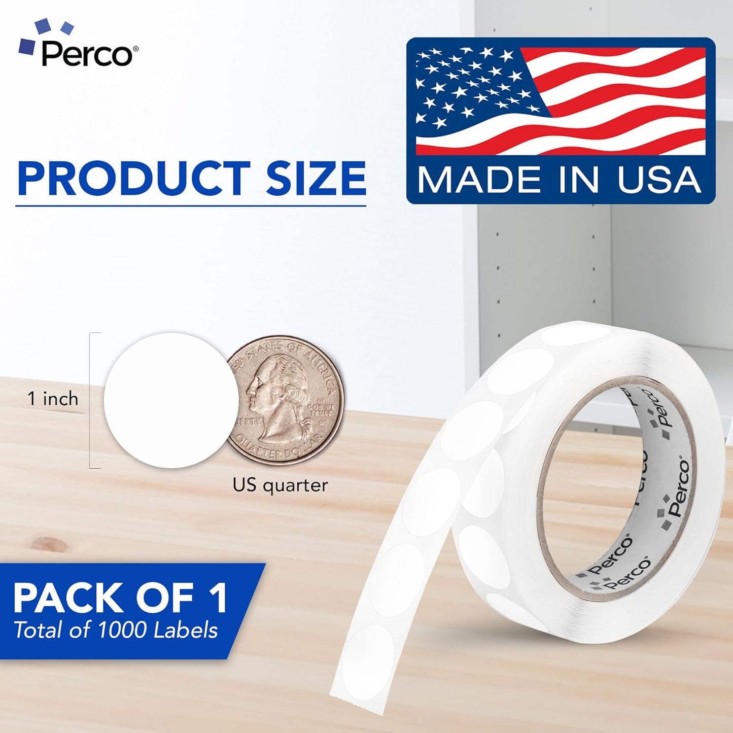 Perco White 1-Inch Round Circle Dot Sticker Labels with Easy Peel Perforation - 1,000 Labels per Roll - Strong Adhesion, Vibrant Colors for Organizing, Crafting & More - Made in USA