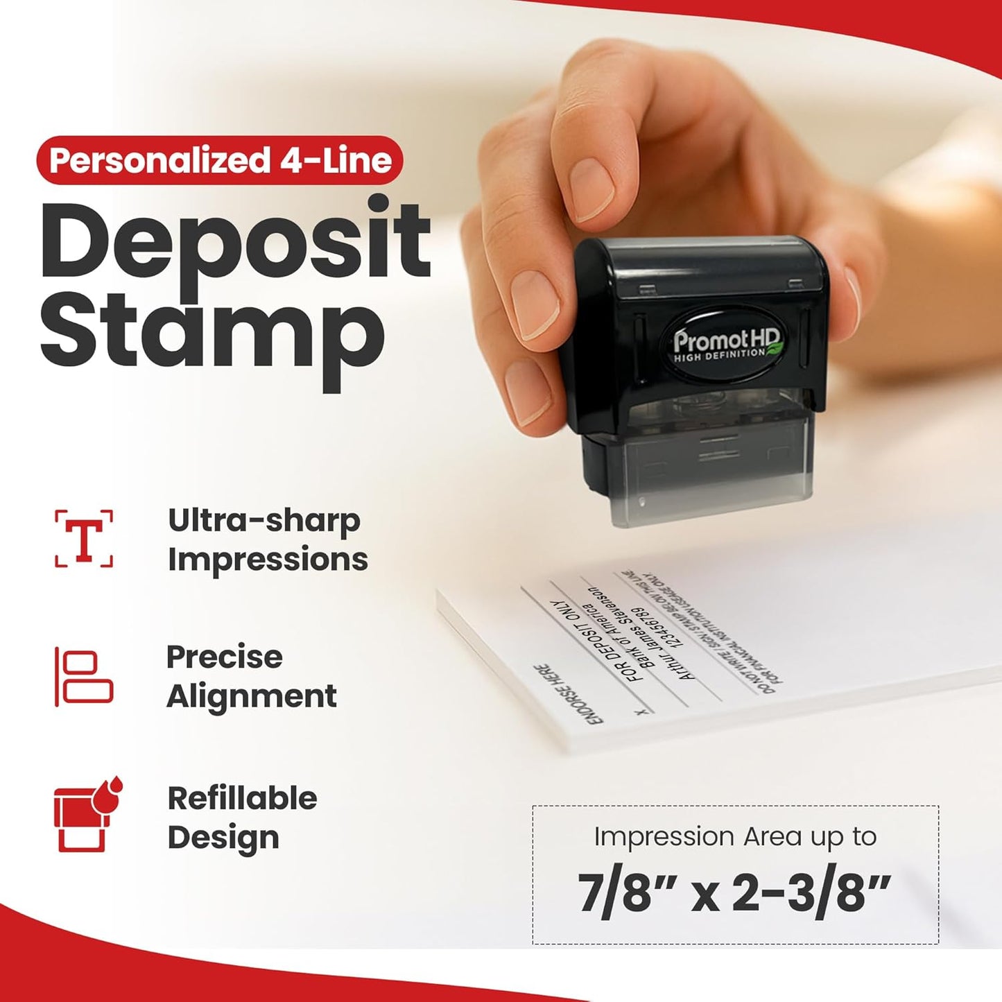 Promot Pre-Inked Custom Deposit Stamp - Personalized Text, Refillable Custom Stamp with Built-in Ink Reservoir, Easy 3-Step Re-Inking, Customized Rubber Stamp for Bank and Businesses (4-Lines)