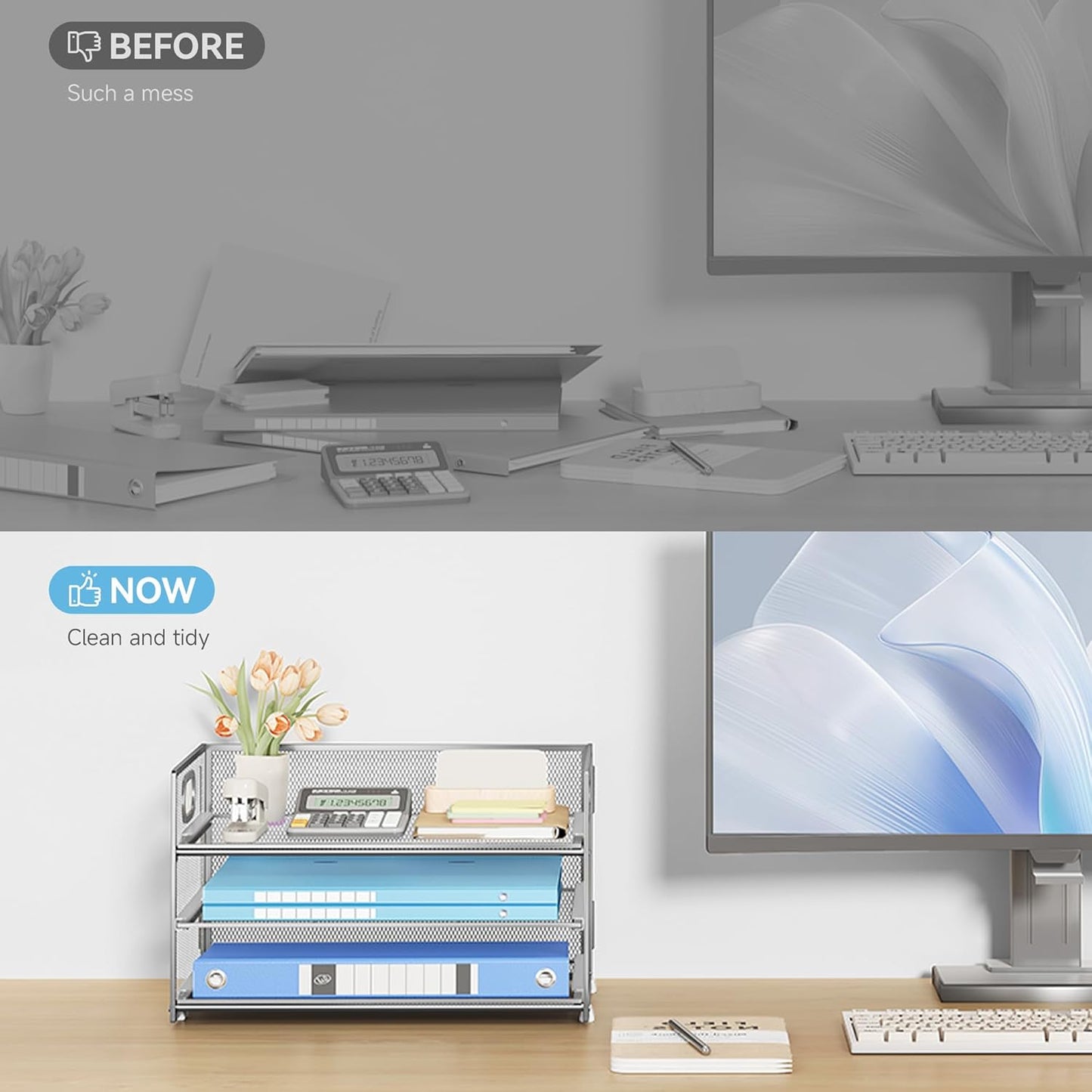 Subekyu 3 Tier Paper Desk Organizer with Handle and 1 PC Slideable Letter Tray, A4 Paper File Folder Sorter Metal Mesh Organizer for Home Office School Desk Supplies Organization Storage, Silver