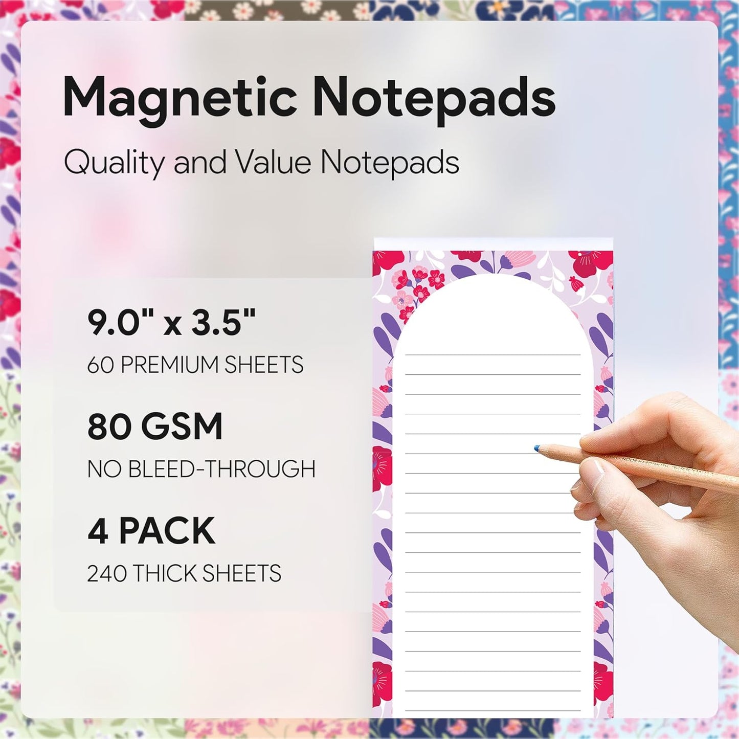 Magnetic Notepads – Notepads for Grocery List, Shopping List, To-Do List, Reminders -Strong Magnetic Back- Memo Notepad | 8 pack Medium | Floral Style